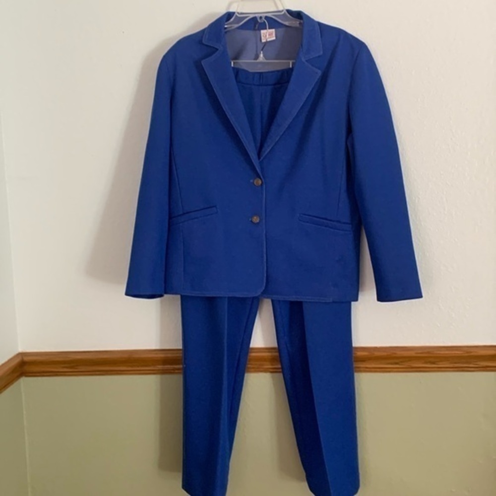 Vintage Graff California Blue Polyester Pleated Pull-on PantSuit Large